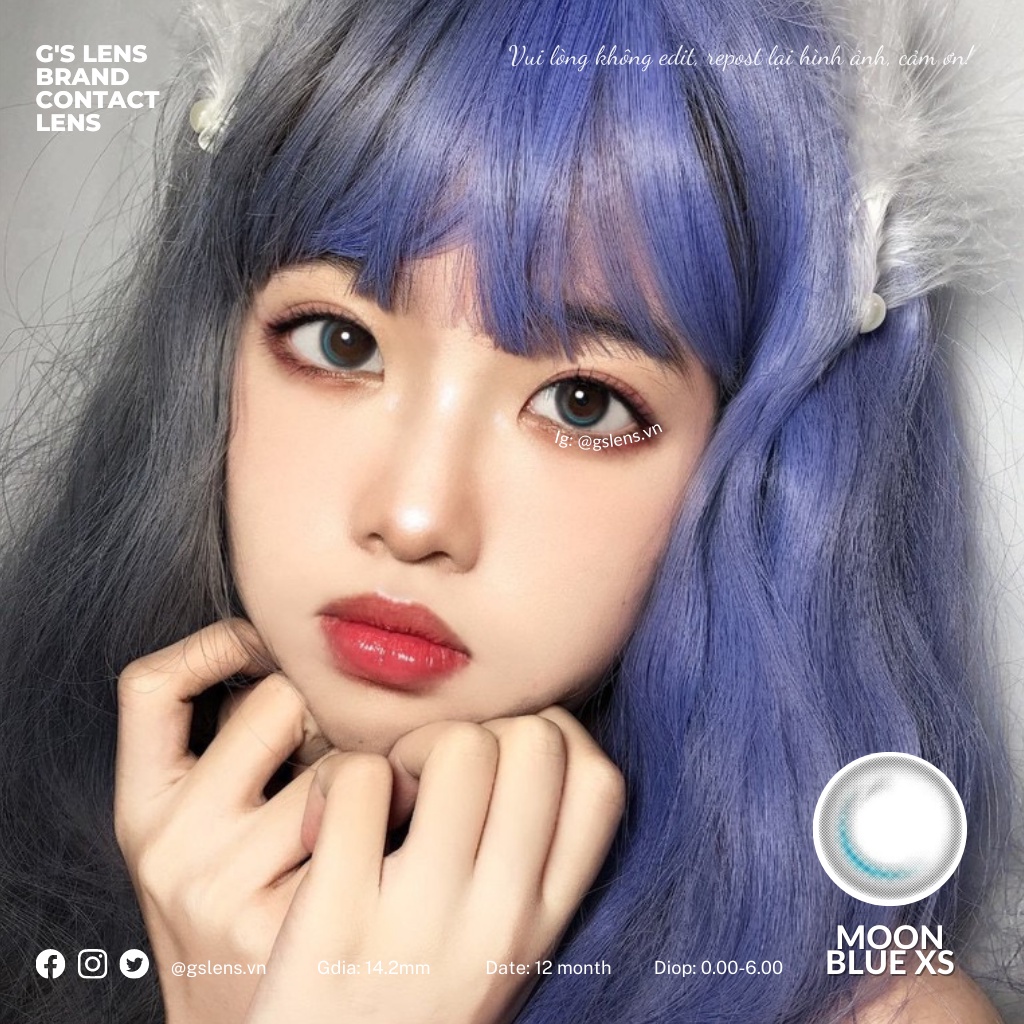 Lens Mắt Kính Áp Tròng Trăng Khuyết Xám Xanh MOON BLUE Không Giãn Có Từ 0 Đến 6 Độ Lệch Độ Size XS 14mm