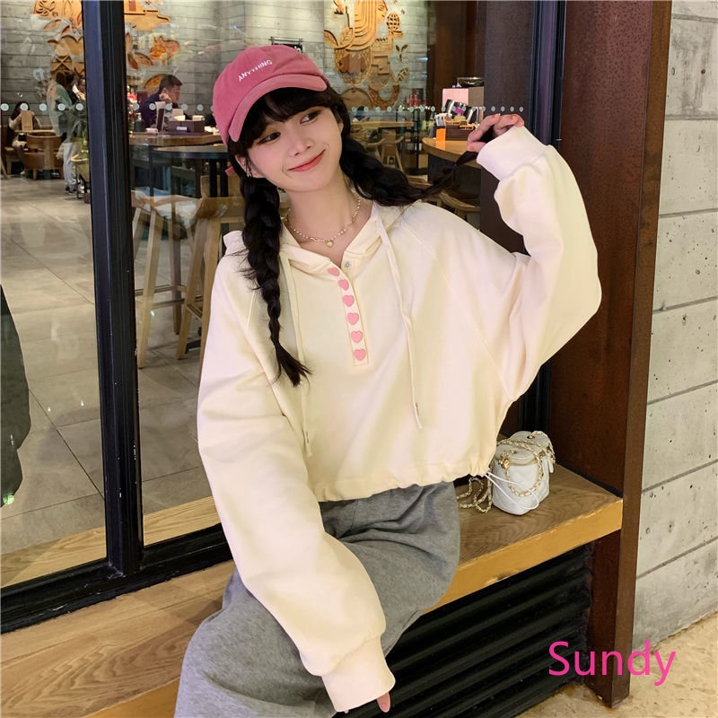 Áo Hoodie Dài Tay Dáng Rộng Eo Cao Phối Dây Rút Thời Trang Mùa Thu Hàn Quốc Dành Cho Nữ