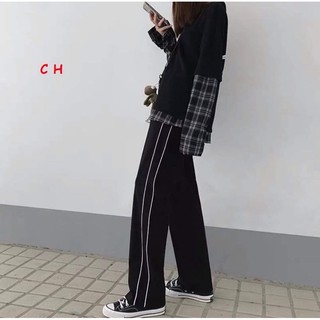 quần suông ống rộng màu đen mí 2 sọc trắng CH