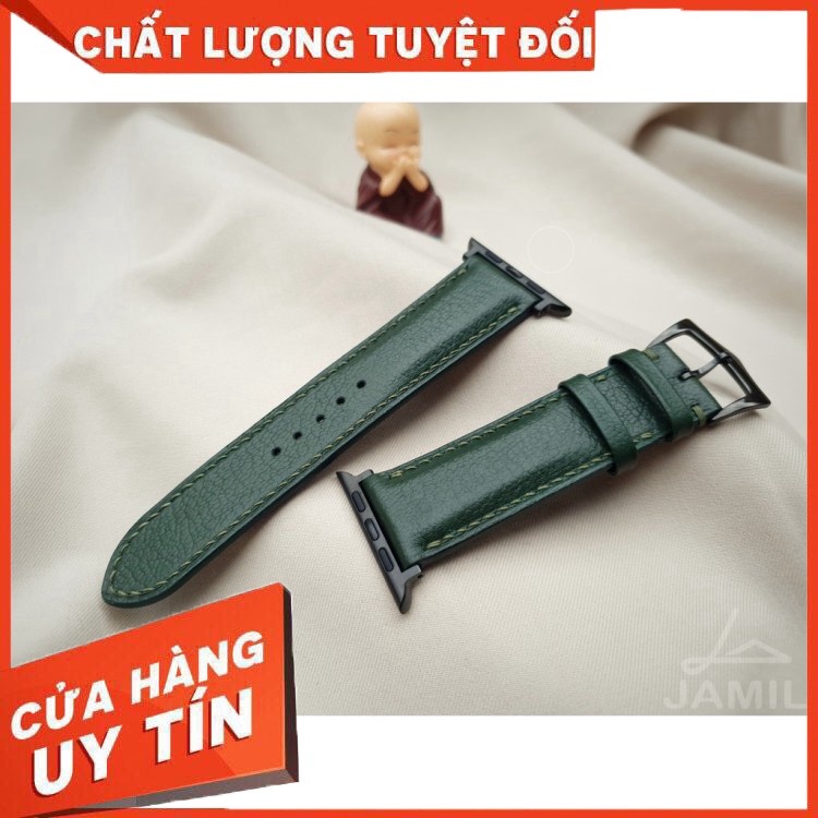 Dây Đồng Hồ Handmade da bò vân alan màu xanh rêu; Tặng kèm khóa kim, Tool tháo lắp, Chốt gắn Spring bar