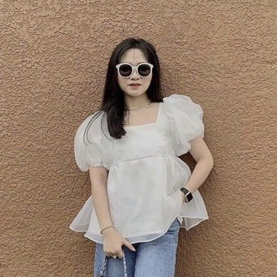 Áo babydoll nữ voan tơ tay phồng cộc tay màu trắng freesize cổ vuông dáng xòe tiểu thư hàn quốc