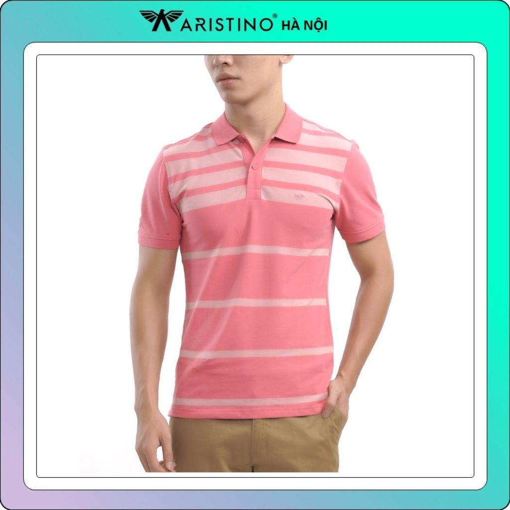Áo polo nam ARISTINO dáng ôm màu hồng kẻ size L (65-72 kg)