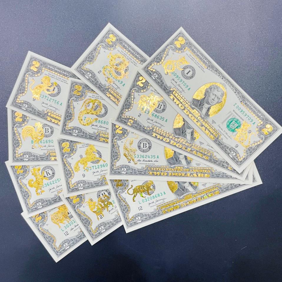 Tờ 2 Đô, 2 USD In Hình 12 Con Giáp Mạ Vàng 3D Kỷ Niệm Làm Quà Tặng, Sưu Tầm, Trang Trí để bóp ví ốp lưng điện thoại