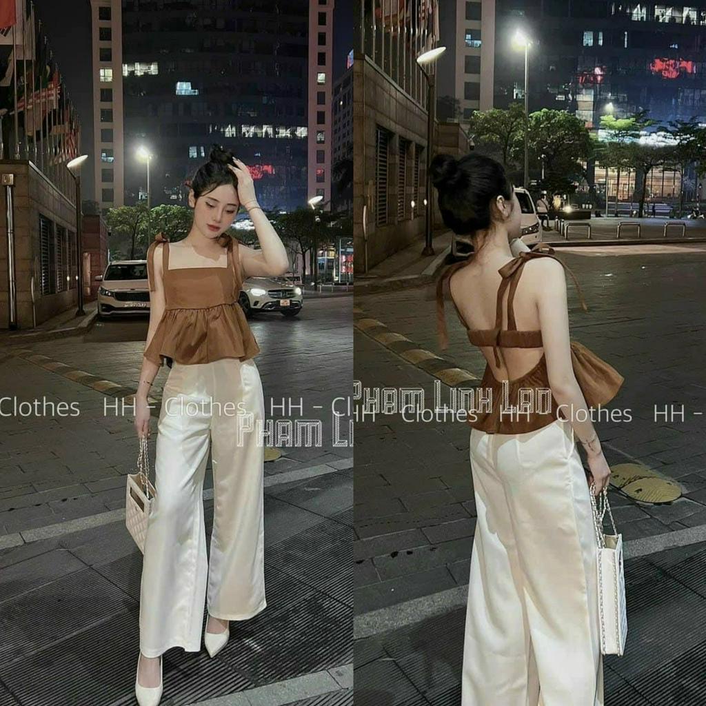 Set áo 2 dây có mút dáng xòe kèm quần ống rộng sang chảnh, cá tính phù hợp đi chơi, đi dạo [908]