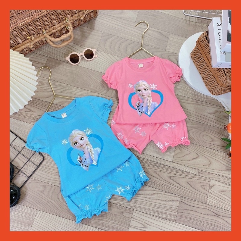 Bộ Cộc Tay bé gái mùa hè Hình elsa Hồng Xanh Cho Bé Từ 7-15kg