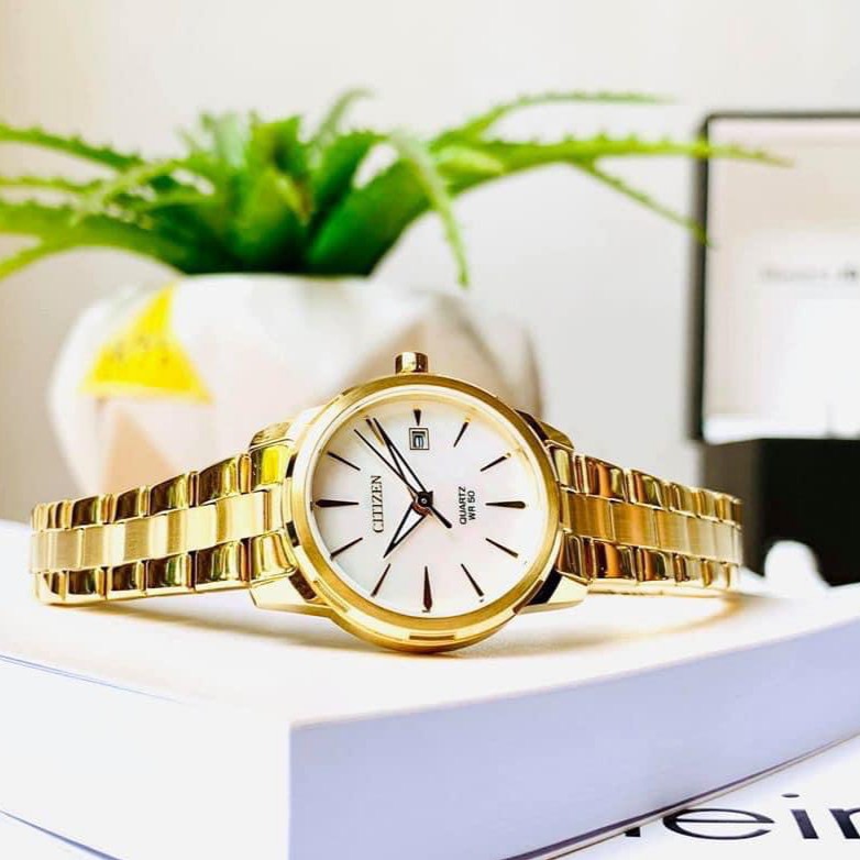 Đồng hồ Nữ Citizen EU6072-56D Mặt trắng,xà cừ,Lịch ngày,Kim dạ quang-Máy Pin Quartz-Dây kim loại mạ vàng-Size 28mm