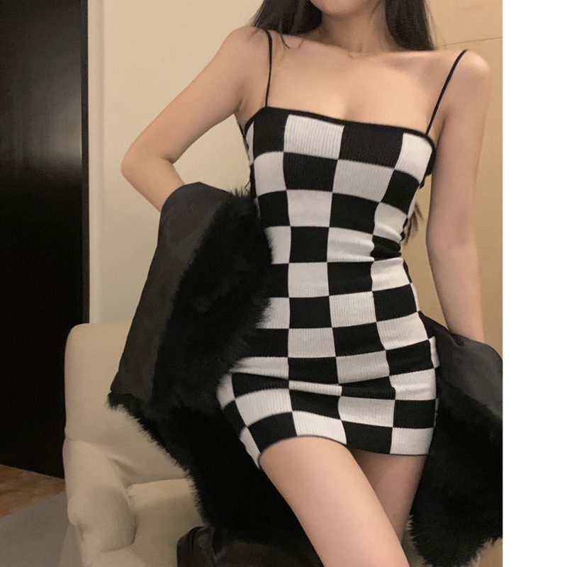 Váy Dây Treo Ống Kẻ Caro 164589 Đầm Ôm Không Tay Thời Trang Gợi Cảm Cho Nữ