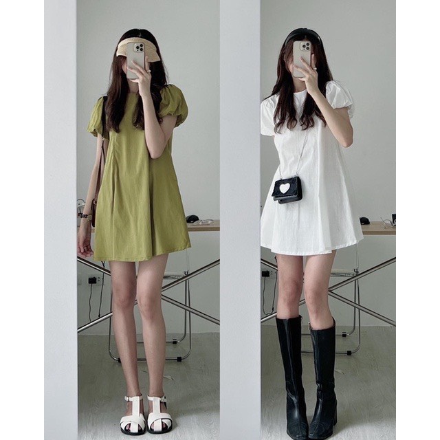 VÁY THÔ ĐŨI BABYDOLL TAY BỒNG doubleh.clo - Váy thô đũi linen dáng suông babydoll tay bồng kèm túi chéo hông ulzzang