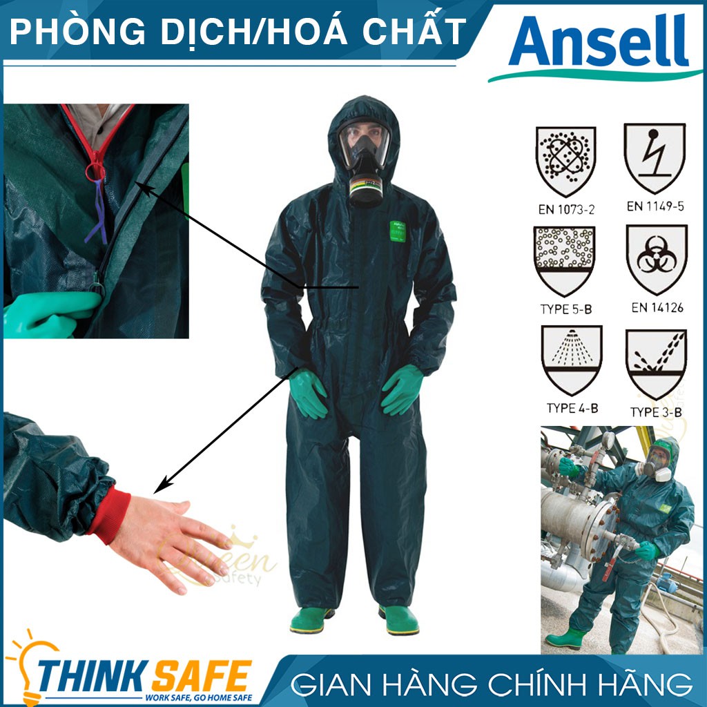 Quần áo phòng dịch Ansell Thinksafe, trang bị chống hóa chất, giọt bắn, chống bụi công nghiệp phóng xạ - Alphatech 4000