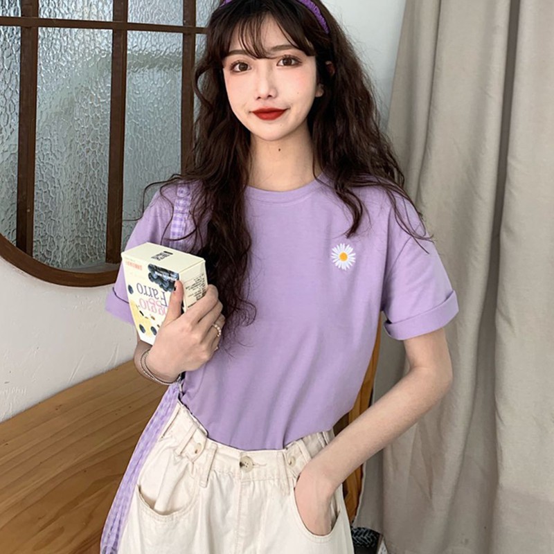 Áo Thun Tay Ngắn Cổ Tròn Hoạ Tiết Hoa Thêu Cho Phái Nữ