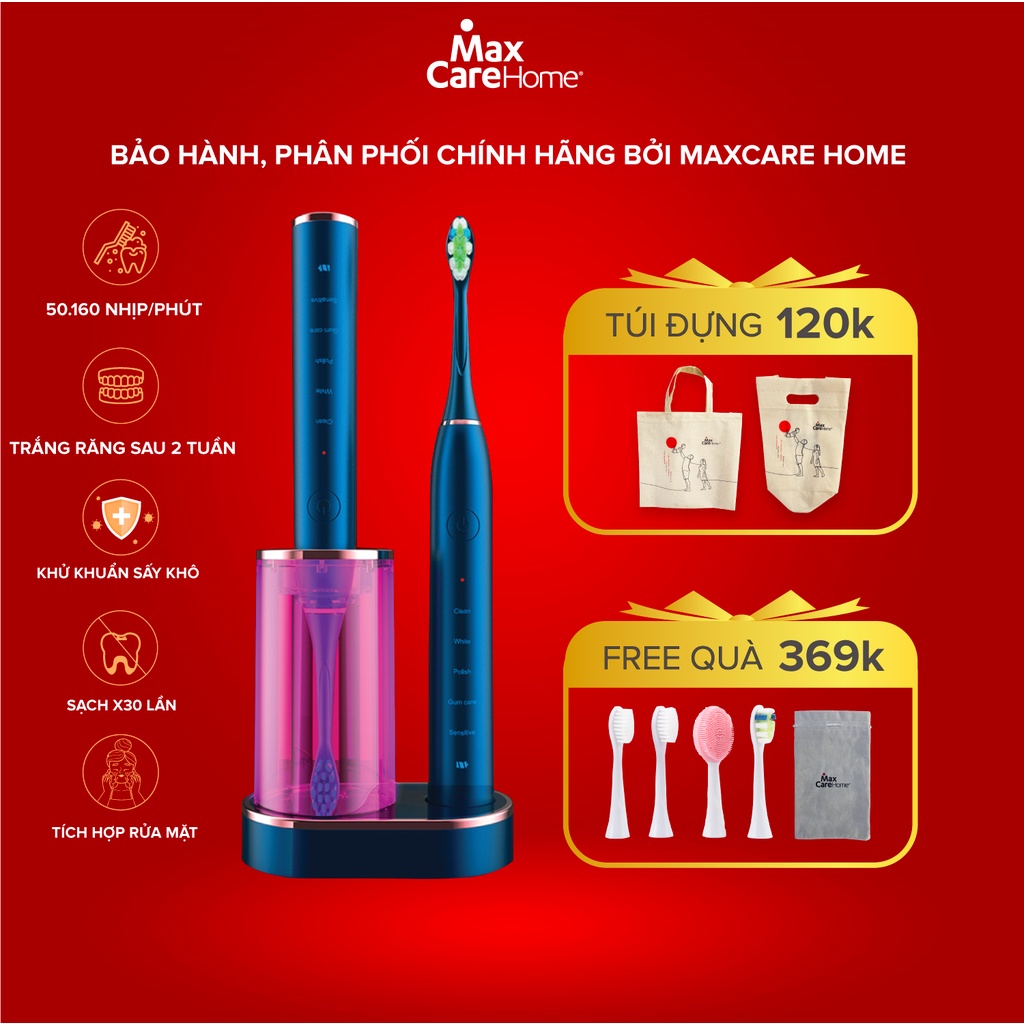 Bàn Chải Điện Maxcare Hera Whitening 3 Trong 1 - Khử Khuẩn Sấy Khô, Công Nghệ Sóng Âm Sonic, Kèm Đầu Rửa Mặt - Nhật Bản