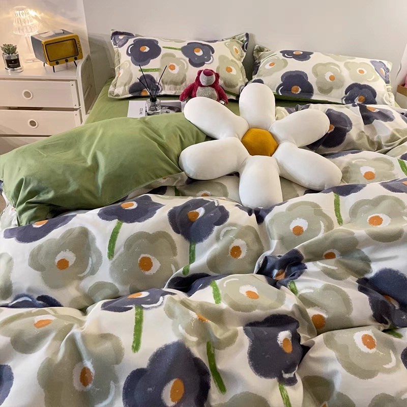 Bộ chăn ga gối Cotton Poly Nhập Khẩu chần bông dày mẫu Hoa Xanh Decor Home