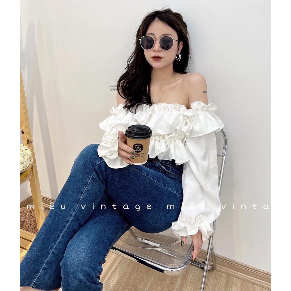 Áo croptop nữ dài tay trễ vai bèo trắng WIkishop freesize vải đũi lụa hở vai tôn eo phom ôm phong cách sexy C828