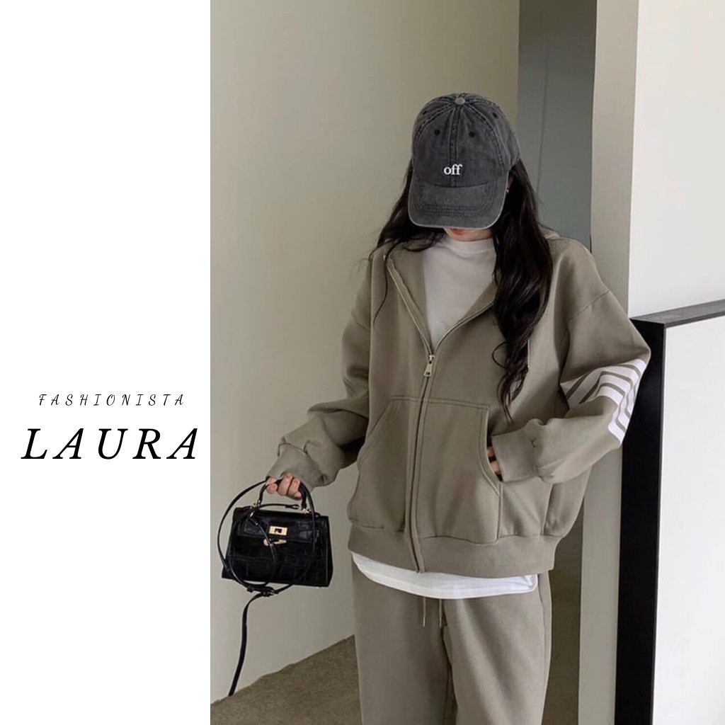 Set áo khoác nỉ  có khóa sọc tay dáng rộng kèm quần nỉ jogger Laura Boutique | BigBuy360 - bigbuy360.vn
