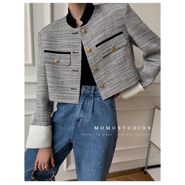 Áo Khoác Cardigan Cổ Đứng Dáng Ngắn Màu Trắng Thời Trang 2022 Cho Nữ