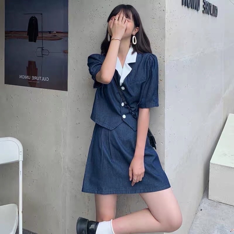 SET Denim Áo CropTop Vest Chân Váy Chữ A (ẢNH THẬT)