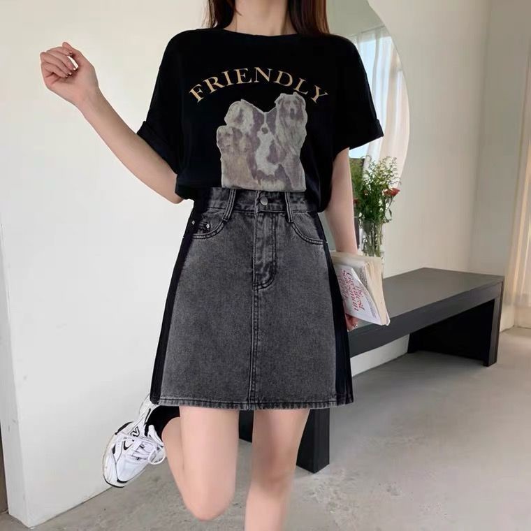 COZOK Chân váy jean Lưng Cao Dáng Rộng Phối Màu Tương Phản Cá Tính