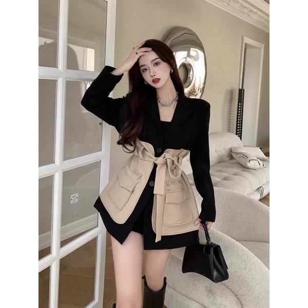 Đầm vest mix 2 màu,có dây thắt eo tôn dáng