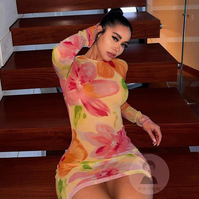 Đầm Ngắn Cổ Tròn Tay Dài Eo Cao Xuyên Thấu In Họa Tiết Hoa Cho Nữ