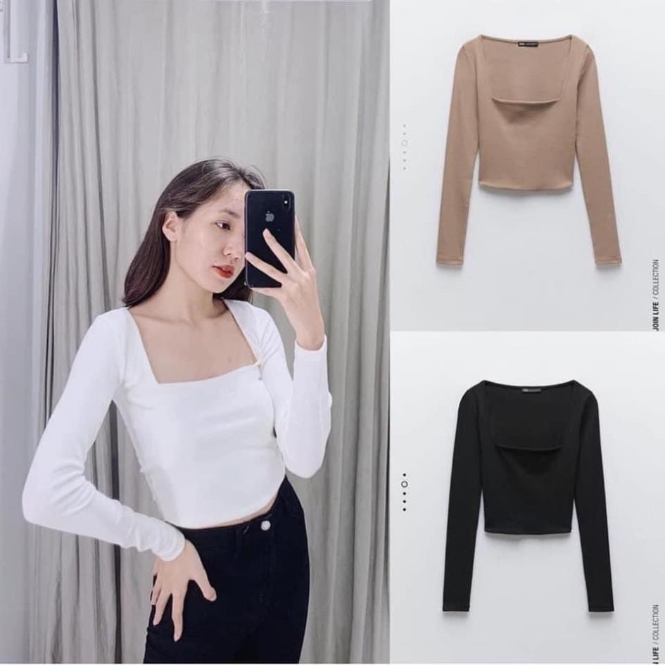 Áo Croptop Len ZIP Cổ Vuông Nữ ♥ Thun tăm dài tay, phông trơn body dáng suông ôm màu ĐEN | TRẮNG | NUDE Ulzzang HOT ♥ *