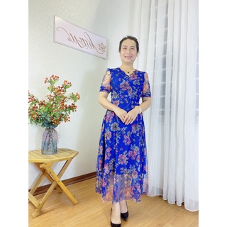 Váy trung niên/ Đầm trung niên - DV21 lưới xanh dương họa tiết