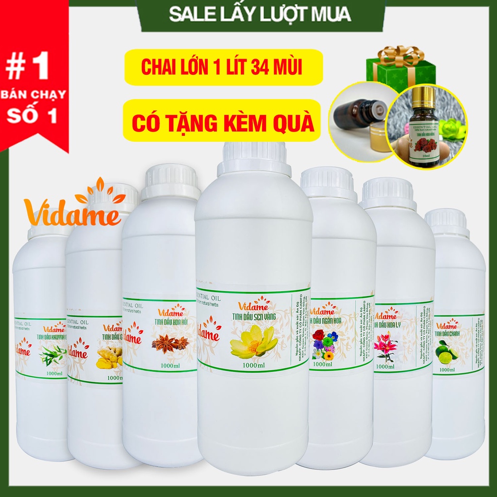 (1 Lít) Tinh Dầu Giá Sỉ VIDAME, Nhiều Mùi - Hàng Chính Hãng, sả chanh, quế, bạc hà, tràm, hoa lài, hoa hồng, xã chanh