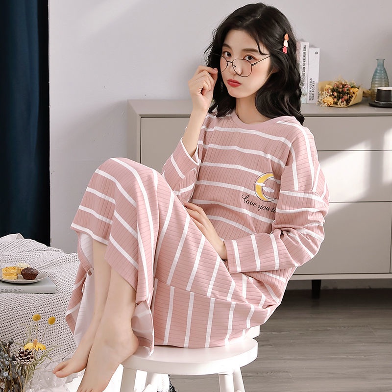 Đầm Ngủ Cotton Tay Dài Dáng Rộng Thời Trang Xuân Thu 2021 Cho Nữ