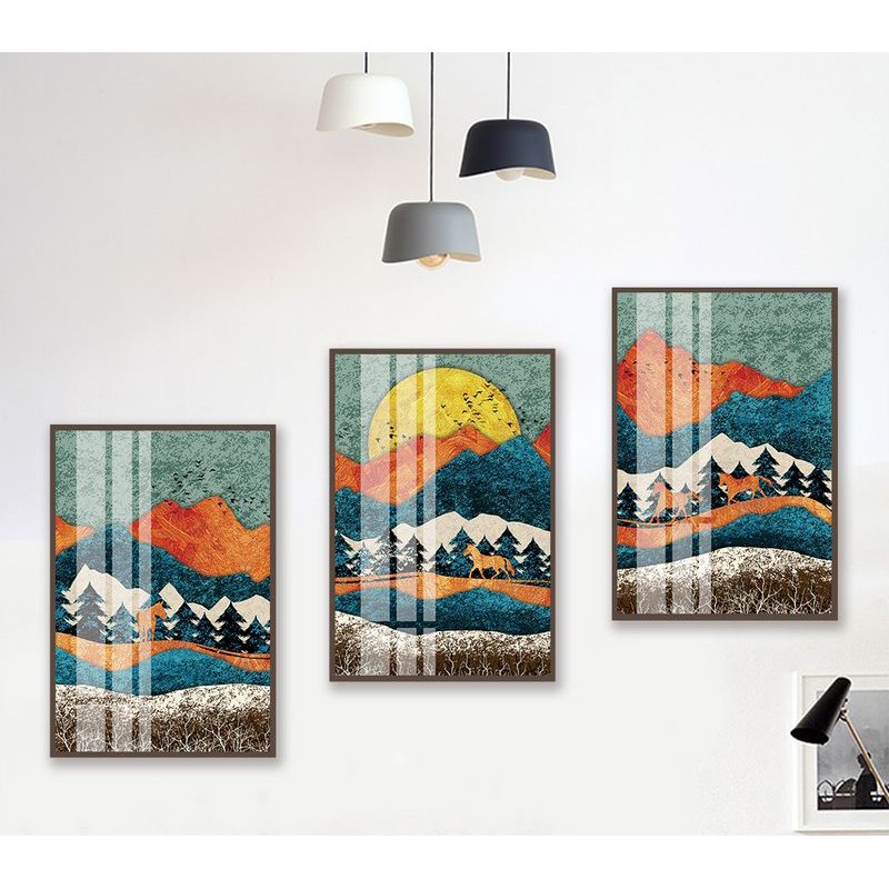 Set Bộ 3 Tranh Treo Tường Trừu Tượng Rừng Núi Mặt Trời Ngựa Hổ Hươu Nai Vintage Tone Xanh Cam - MELYHOME DECOR