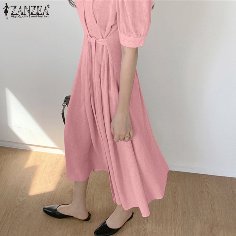 Đầm dài Zanzea tay phồng ngắn màu trơn phong cách Hàn Quốc thanh lịch cho nữ