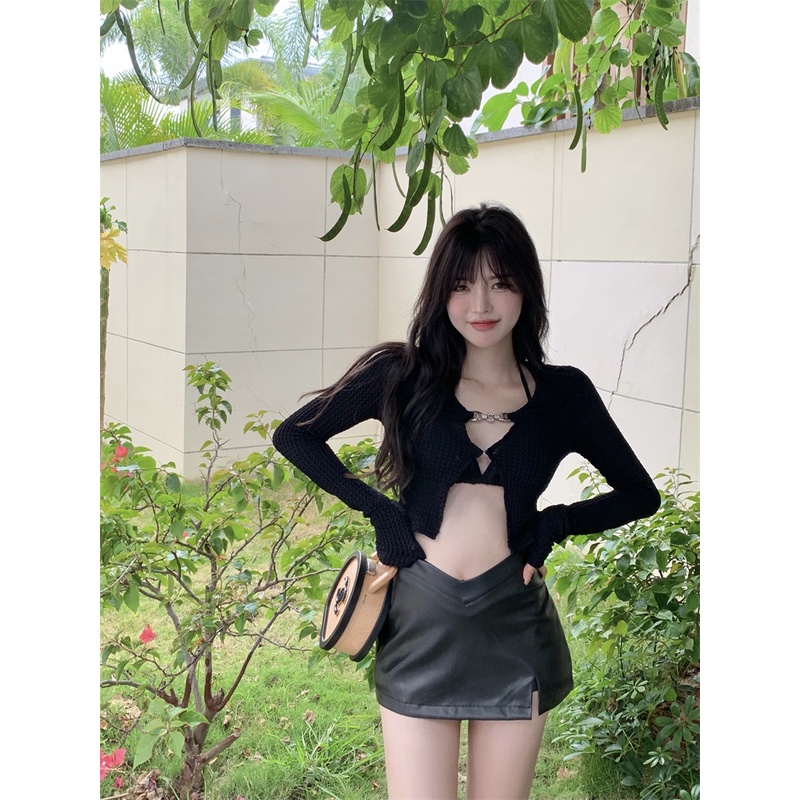 Set Áo Cardigan Ngắn Tay Dài + Chân Váy Xẻ Tà Thời Trang Cho Nữ