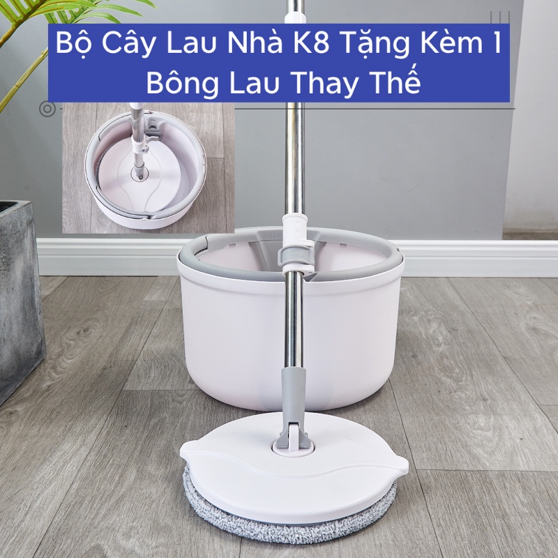 [Siêu HOT] Bộ Cây Lau Nhà Thông Minh Có Thùng Vắt Xoay Tròn Nhựa PP, Cán Inox Dài 134cm, 2 Miếng lau 25cm