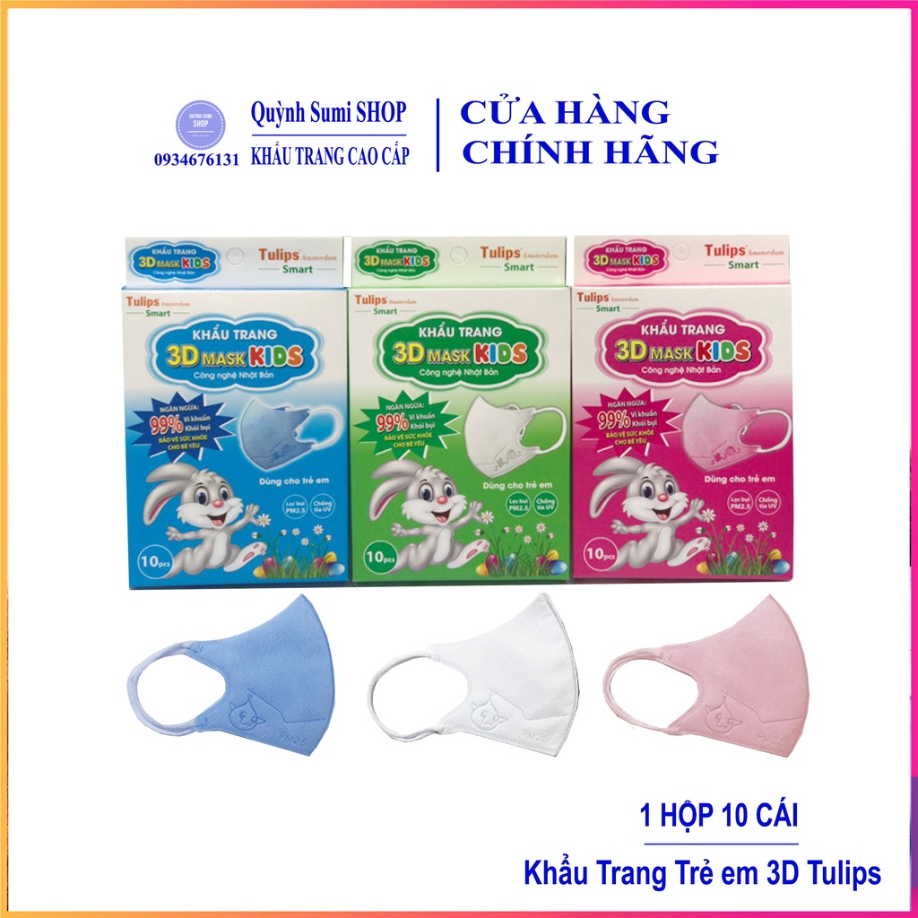 Khẩu trang trẻ em 3D Mask Tulips 4 Lớp kháng khuẩn [ Hộp 10 Cái ] cho bé từ 1 đến 6 tuổi , Khẩu trang 3D Mask Tulip