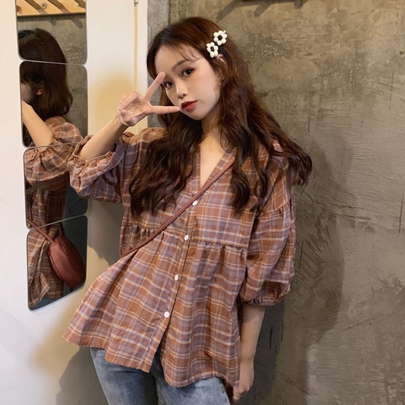Áo sơ mi kẻ babydoll phong cách tiểu thư công chúa ulzzang hàng Quảng Châu - Có ảnh thật