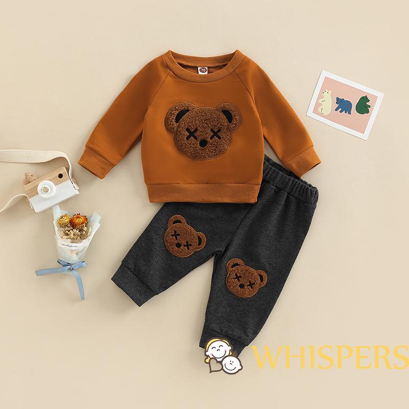 Set Áo Thun Tay Dài Cổ Tròn Thêu Hình Gấu + Quần Dài Lưng Thun Cho Bé Trai