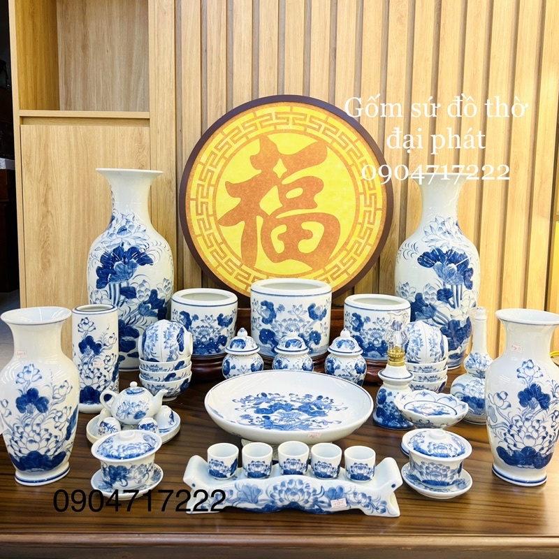 Bộ đồ thờ men Ngọc họa tiết vẽ tay cao cấp. Bộ đồ thờ gia tiên, bộ thờ ban thần tài gốm sứ Bát Tràng