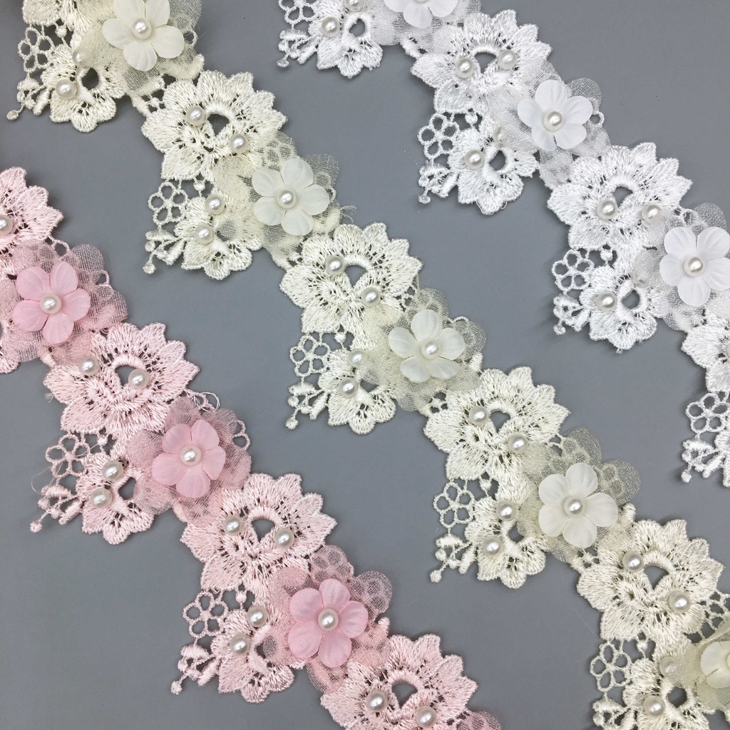 Cuộn Vải Ren Hoa Đính Ngọc Trai 3D Dài 1 Yard Dùng Làm Đồ Thủ Công