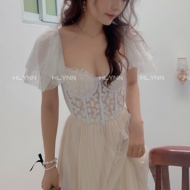 Áo corset ren hoa nổi tay cánh tiên có gọng mút dày 2cm m182