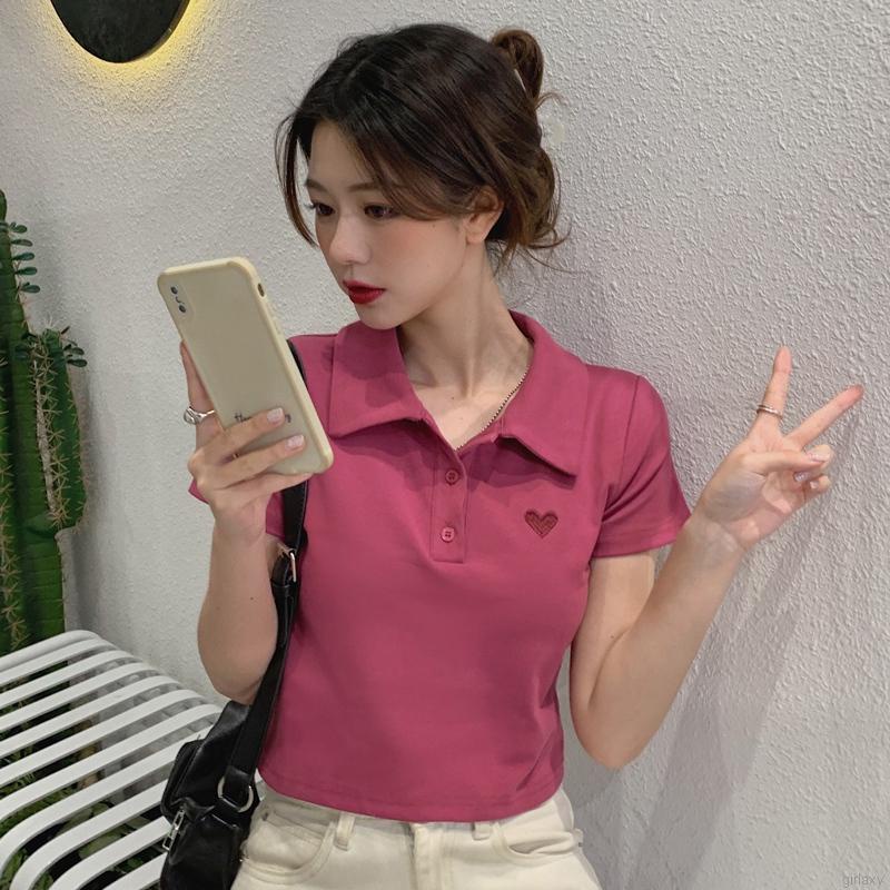 Áo thun croptop tay ngắn thêu hình trái tim phong cách Hàn Quốc cho nữ