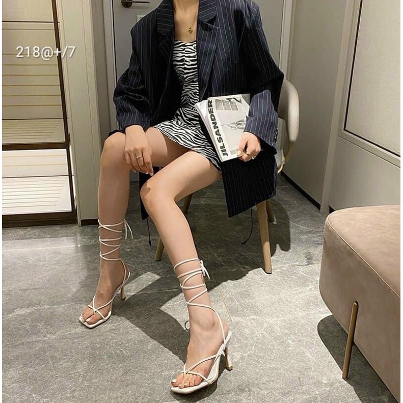 Giày sandal xỏ ngón dây dài quấn cổ chân gót nhọn 7p