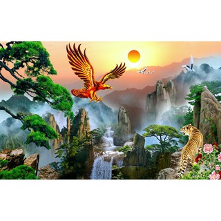 Tranh dán tường 3D Song hùng tương ngộ - tranh hổ và đại bàng
