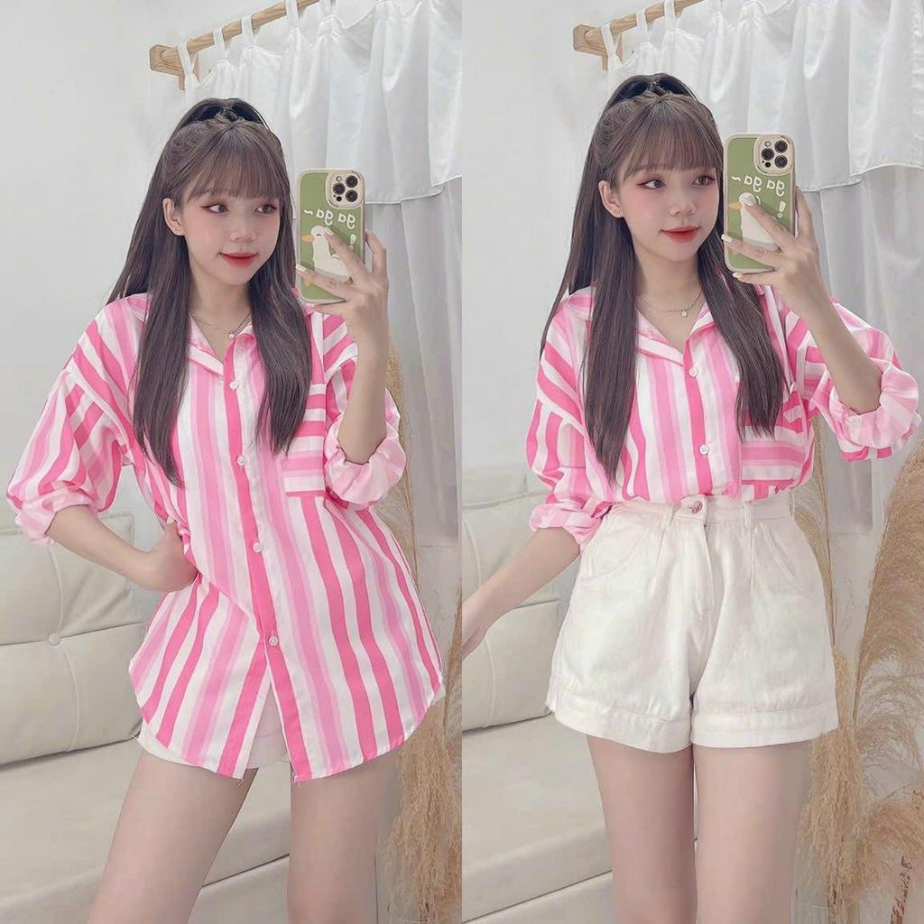 Áo Sơ Mi Sọc Phối Màu Tay Dài Có Túi