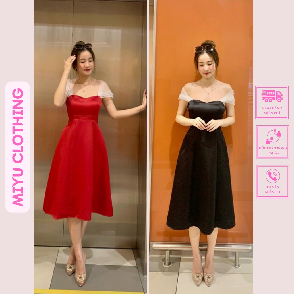 Váy dự tiệc đỏ đẹp đầm nữ đi tiệc trễ vai dáng dài xòe chất liệu lụa mango Miyuclothing