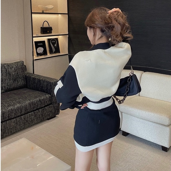 Set Đồ Thể Thao Gồm Áo Khoác Bóng Chày Tay Dài In Chữ + Chân Váy Lưng Cao Phong Cách Trung Hoa Thời Trang Mới