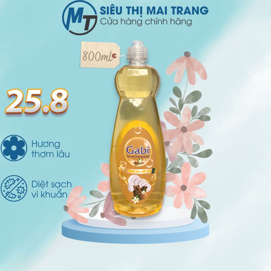 Nước rửa chén Gabi 800ml cao cấp, nước rửa bát không hại da tay hương quế, diệt sạch khuẩn