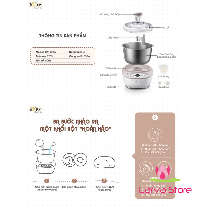 Máy Trộn Bột, Nhồi Bột, Ủ Bột Tự Động Bear 5L Inox 304 Công Suất Lớn Bản Quốc Tế - DM-B50V1