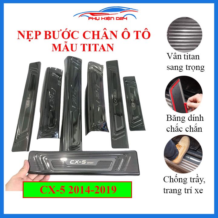 Bộ ốp bậc cửa trong ngoài nẹp bước chân Mazda CX-5 2014-2015-2016-2017-2018-2019 vân Titan chống trầy trang trí xe