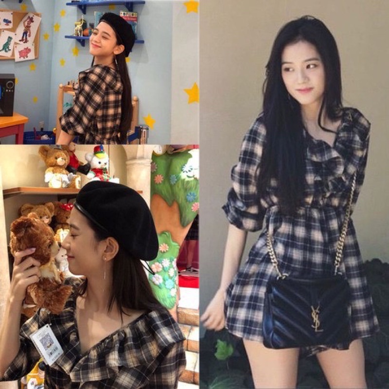 Jisoo blackpink Áo liền quần họa tiết caro đen đỏ dún bèo phong cách nhóm