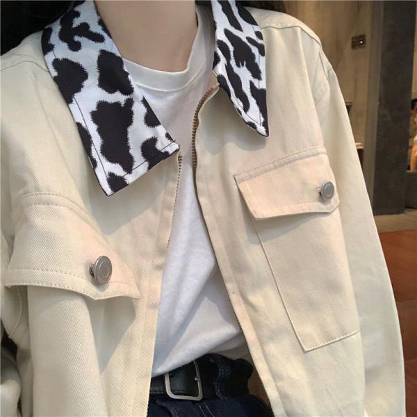 IMAODOU  Korean Style Denim Jacket Leopard Print Cardigan Long Sleeve