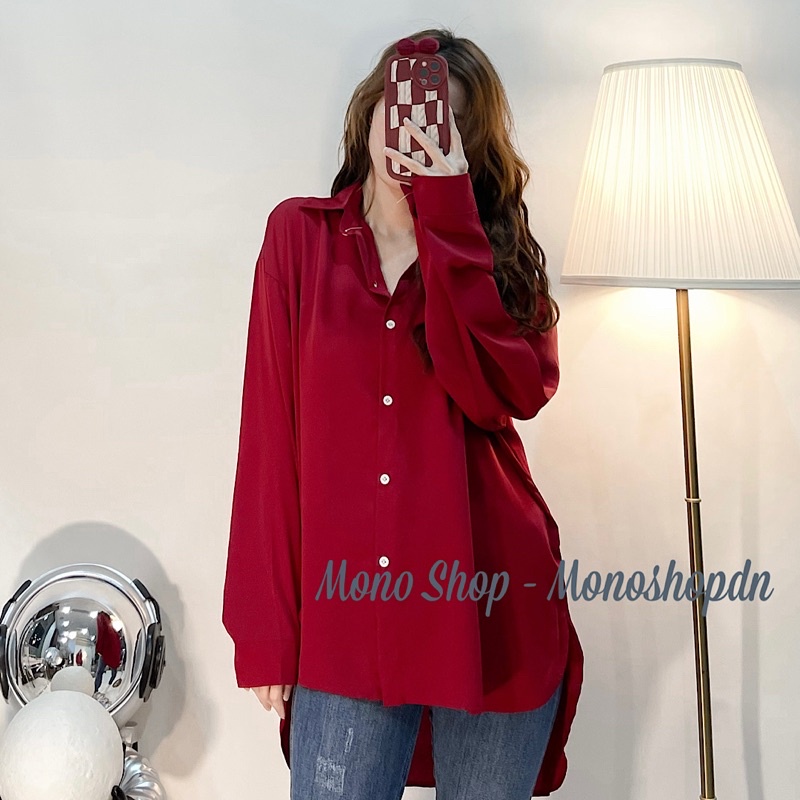 Áo sơ mi phom rộng lệch tà chất đẹp nút trắng Ảnh thật/ sẵn