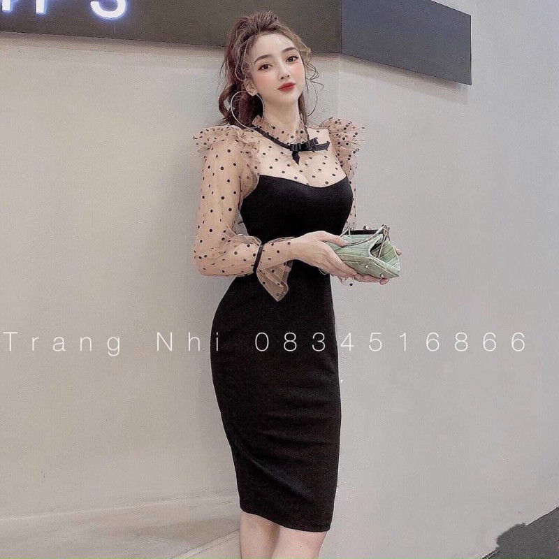 Đầm body 🌷FREESHIP 🌷Đầm body phối lưới bi dài tay